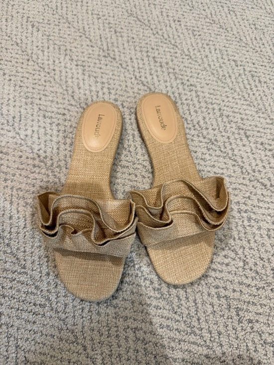 Larroude Shoes - Larroude Ruffle Slide Sandals in Natural Beige